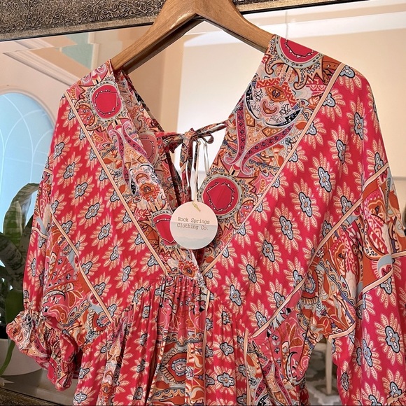 New Plunge V Neck Boho Print Mini Dress Pink Open Tie Back Coverup - Picture 7 of 8